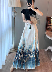 Women White High Waist Print Satin Pleated Skirts Summer