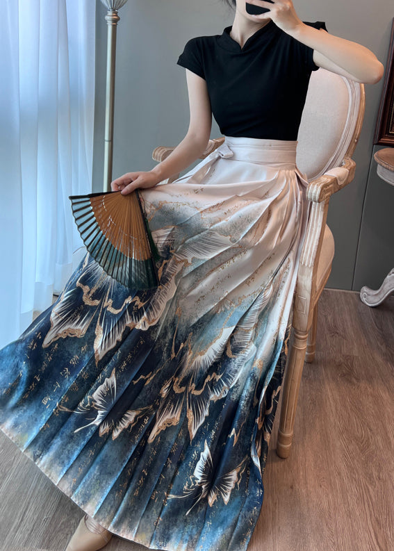 Women White High Waist Print Satin Pleated Skirts Summer