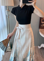 Women White High Waist Print Satin Pleated Skirts Summer