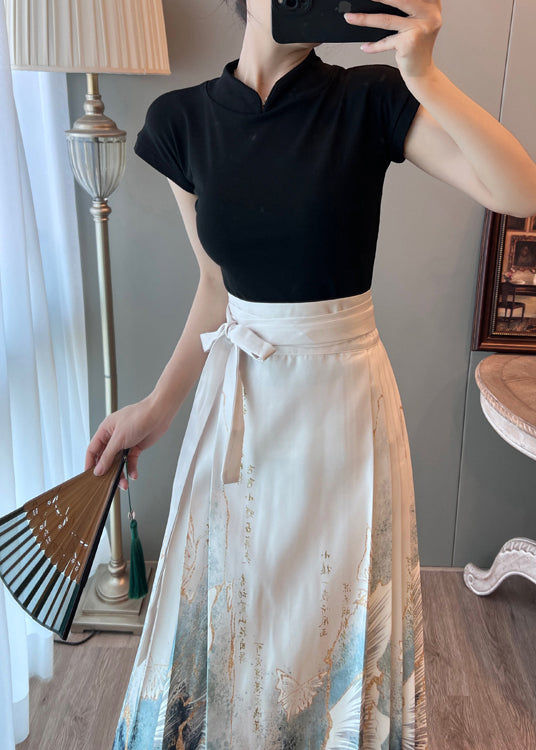 Women White High Waist Print Satin Pleated Skirts Summer