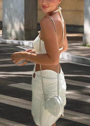 Women White Hollow Out Backless Knit Halter Dress Summer