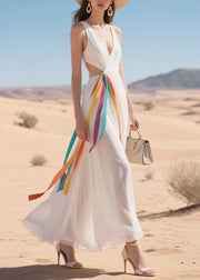 Women White Hollow Out Draping Chiffon Vacation Dress Summer