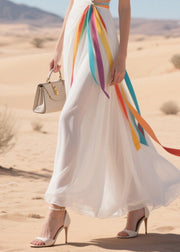 Women White Hollow Out Draping Chiffon Vacation Dress Summer