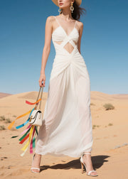 Women White Hollow Out Sexy Chiffon Dinner Dress Summer