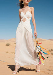 Women White Hollow Out Sexy Chiffon Dinner Dress Summer