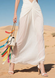 Women White Hollow Out Sexy Chiffon Dinner Dress Summer