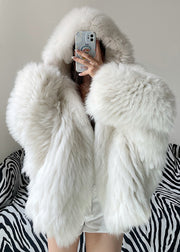 Women White Hooded Fine Fox Fur Jacket Winter
