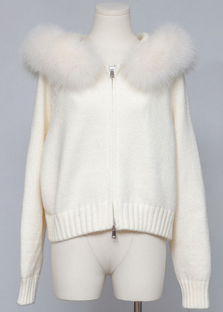 Women White Hooded Zippered Cozy Patchwork Knit Coat