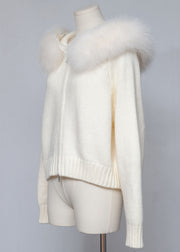 Women White Hooded Zippered Cozy Patchwork Knit Coat