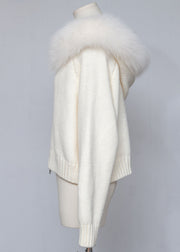 Women White Hooded Zippered Cozy Patchwork Knit Coat