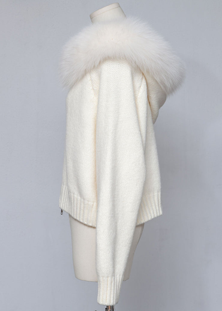 Women White Hooded Zippered Cozy Patchwork Knit Coat