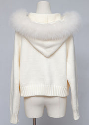 Women White Hooded Zippered Cozy Patchwork Knit Coat