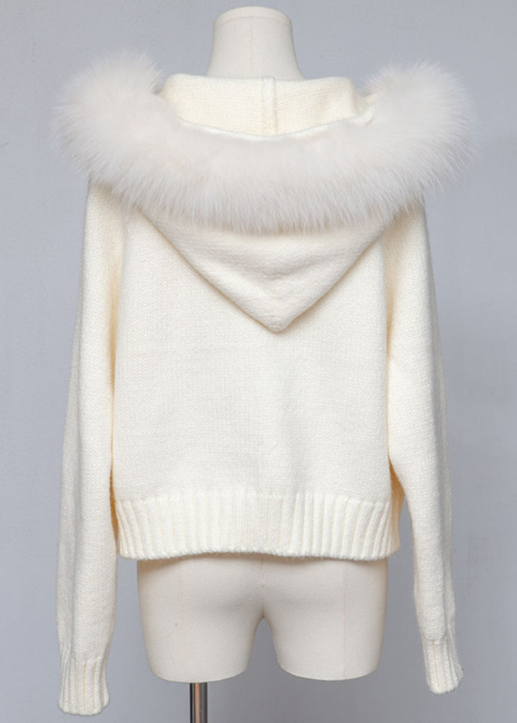 Women White Hooded Zippered Cozy Patchwork Knit Coat