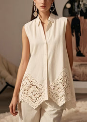 Women White Lace Patchwork Cotton Shirt Tops Sleeveless