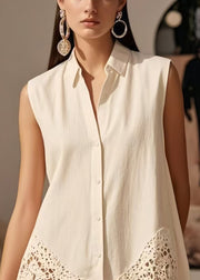 Women White Lace Patchwork Cotton Shirt Tops Sleeveless