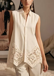 Women White Lace Patchwork Cotton Shirt Tops Sleeveless