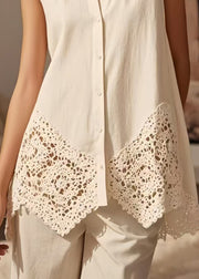 Women White Lace Patchwork Cotton Shirt Tops Sleeveless