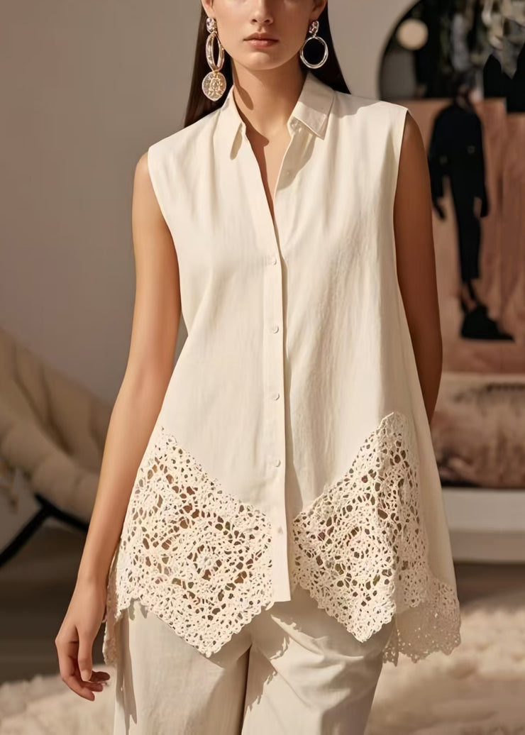 Women White Lace Patchwork Cotton Shirt Tops Sleeveless