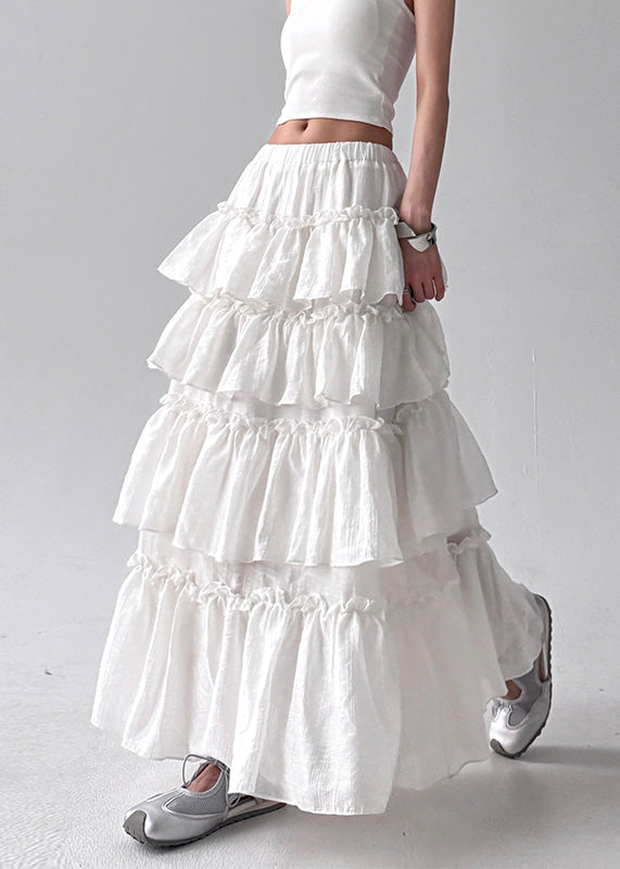 Women White Layered Ruffled Cotton Holiday Skirt Fall
