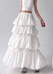 Women White Layered Ruffled Cotton Holiday Skirt Fall