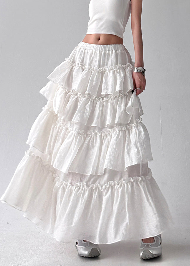 Women White Layered Ruffled Cotton Holiday Skirt Fall