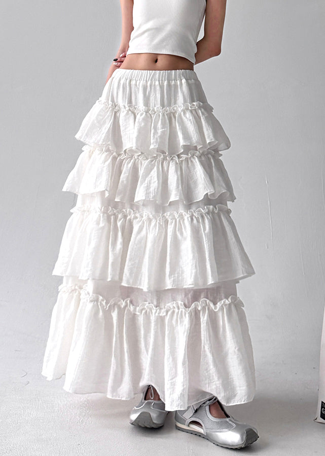 Women White Layered Ruffled Cotton Holiday Skirt Fall