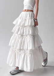 Women White Layered Ruffled Cotton Holiday Skirt Fall