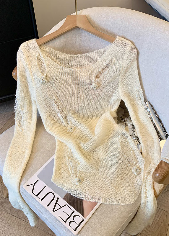 Women White Nail Bead Knit Ripped Sweater Spring