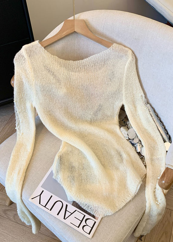 Women White Nail Bead Knit Ripped Sweater Spring