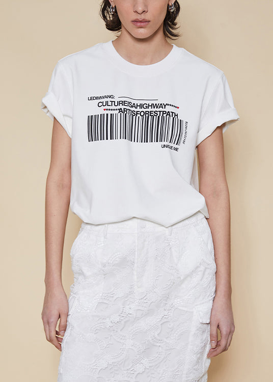 Women White O Neck Print Cotton T Shirts Summer