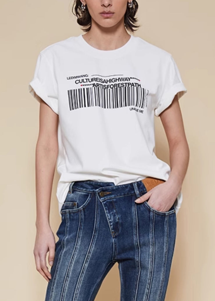 Women White O Neck Print Cotton T Shirts Summer