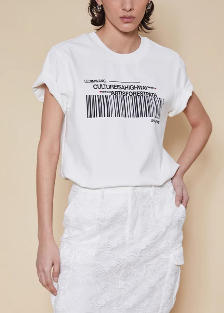 Women White O Neck Print Cotton T Shirts Summer
