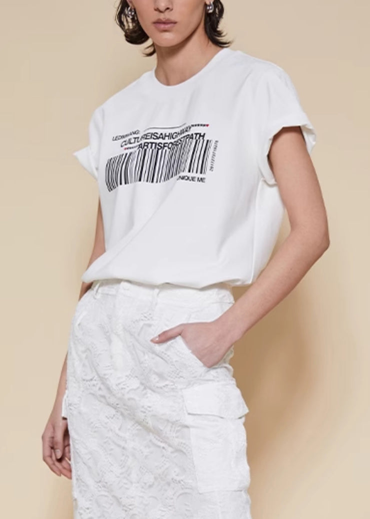 Women White O Neck Print Cotton T Shirts Summer