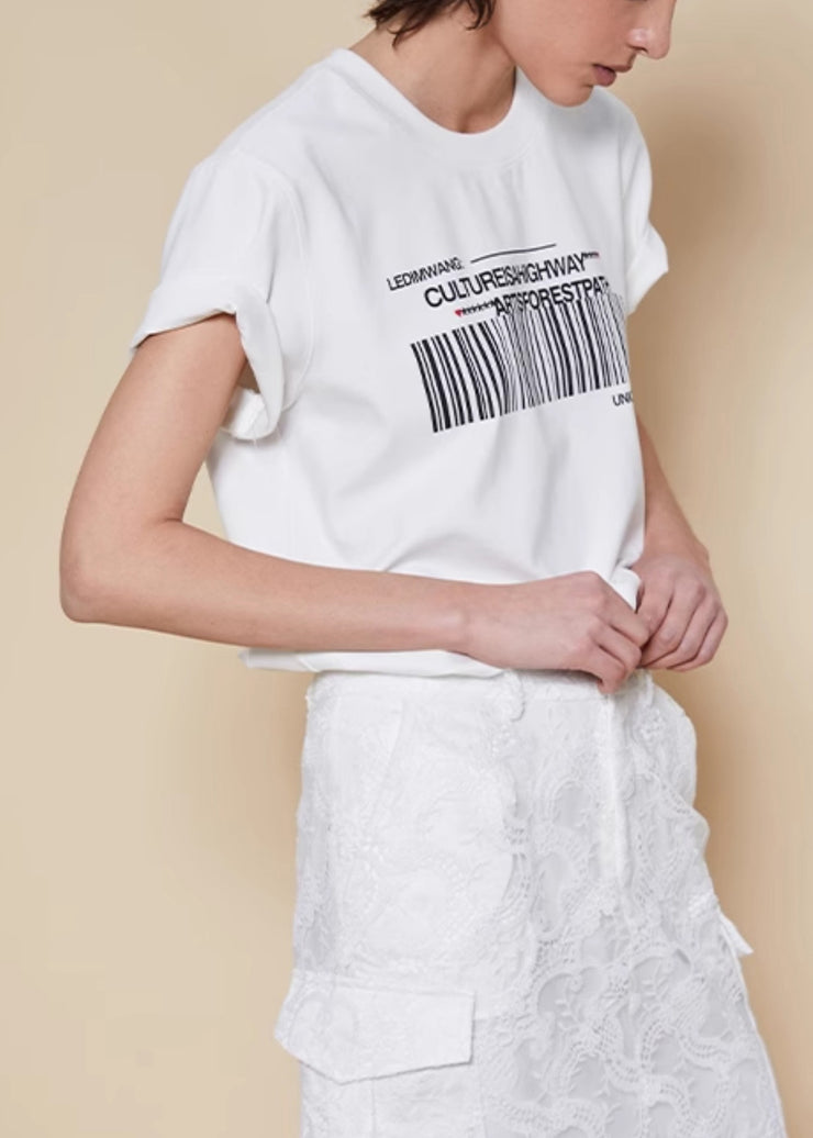 Women White O Neck Print Cotton T Shirts Summer