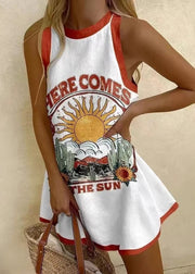 Women White O Neck Print Patchwork Cotton Mini Dresses Sleeveless