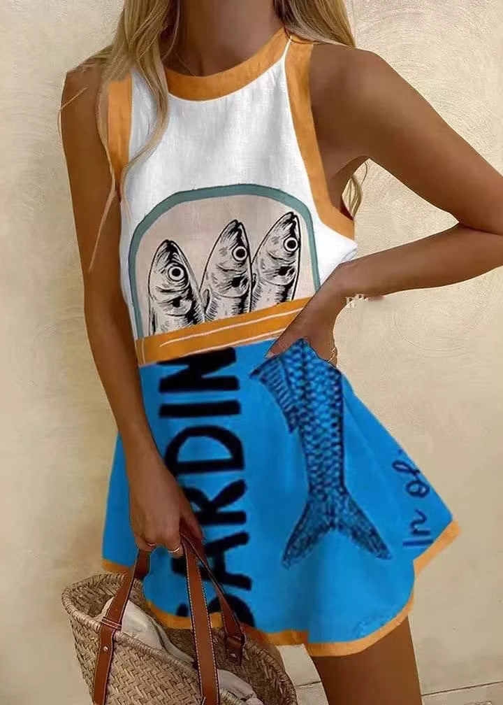Women White O Neck Print Patchwork Cotton Mini Dresses Sleeveless