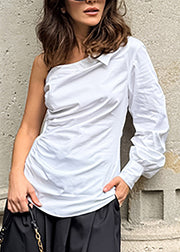 Women White One Shoulder Patchwork Cotton Shirt Tops Fall