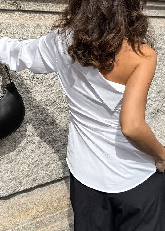 Women White One Shoulder Patchwork Cotton Shirt Tops Fall