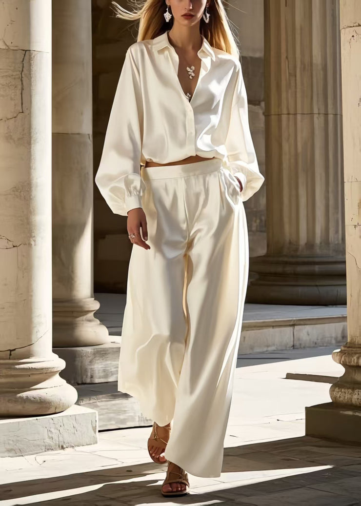 Women White Oversized Draping Ice Silk Womens Two Pieces Set Spring