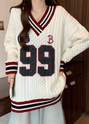 Women White Oversized Embroidered Knit Sweater Tops Fall