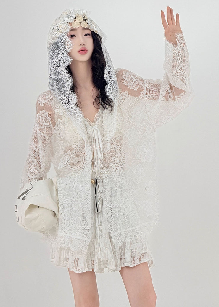 Women White Oversized Hollow Out Lace UPF 50+ Cardigan Spring