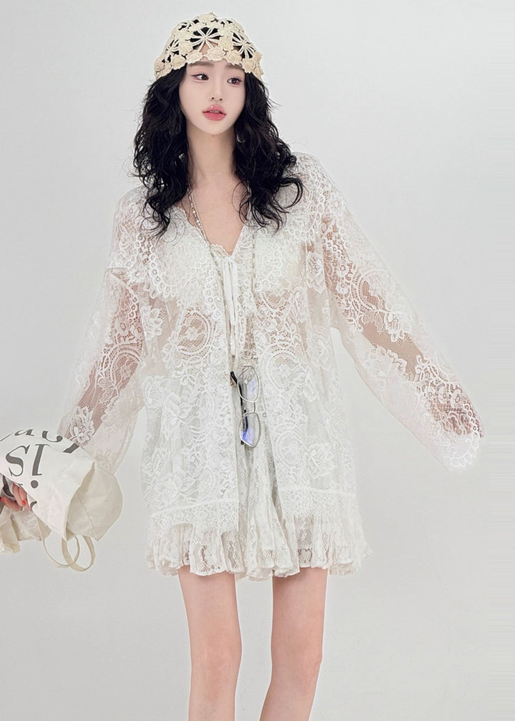Women White Oversized Hollow Out Lace UPF 50+ Cardigan Spring
