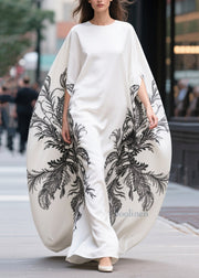 Women White Oversized Print Cotton Vacation Dresses Batwing Sleeve