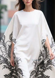 Women White Oversized Print Cotton Vacation Dresses Batwing Sleeve