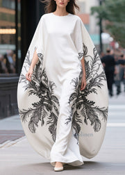 Women White Oversized Print Cotton Vacation Dresses Batwing Sleeve