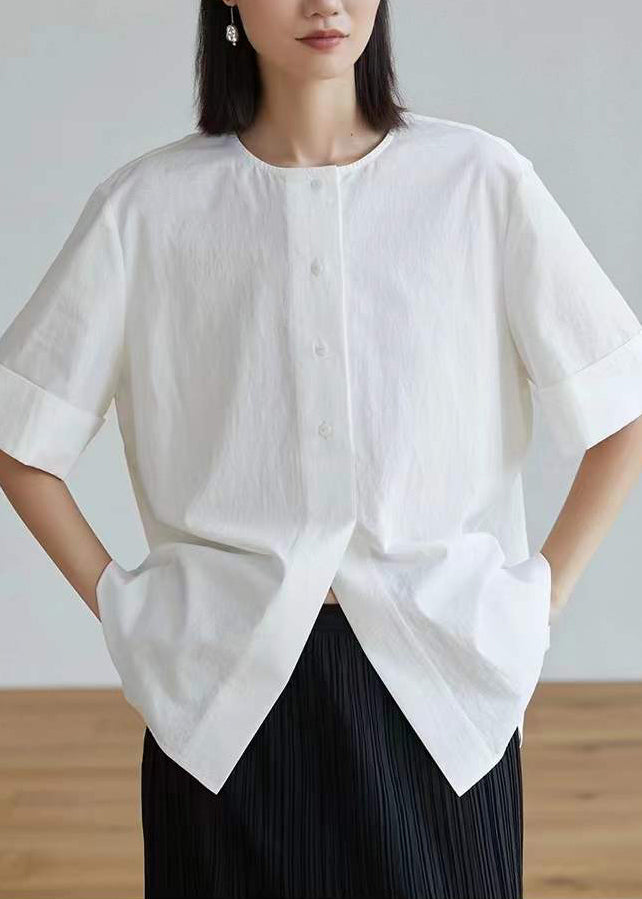 Women White Oversized Side Open Cotton Shirt Tops Half Sleeve