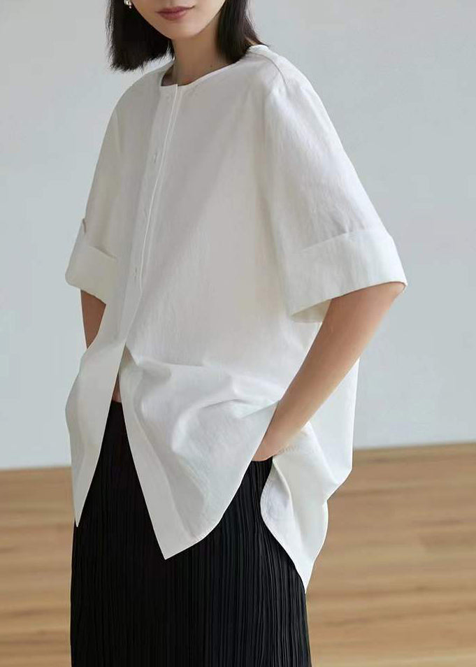 Women White Oversized Side Open Cotton Shirt Tops Half Sleeve