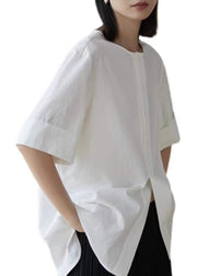 Women White Oversized Side Open Cotton Shirt Tops Half Sleeve