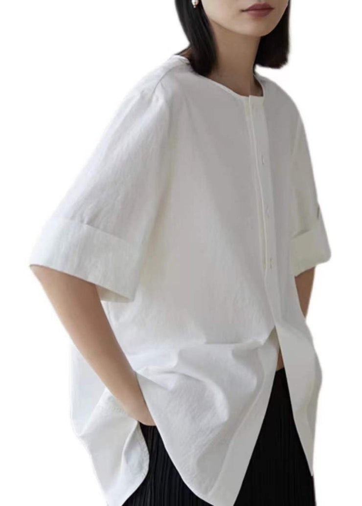 Women White Oversized Side Open Cotton Shirt Tops Half Sleeve