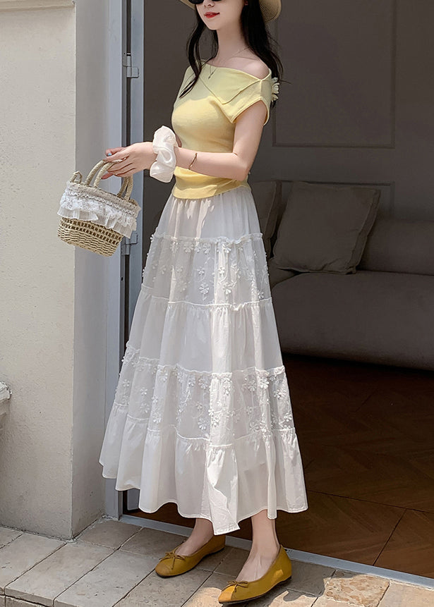 Women White Patchwork Exra Large Hem Cotton Skirt Fall